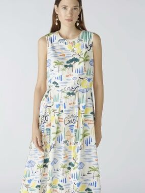 Oui Vitamin Sea Waisted Midi Dress Tropical Motif Print Size‎ 4 (Q)